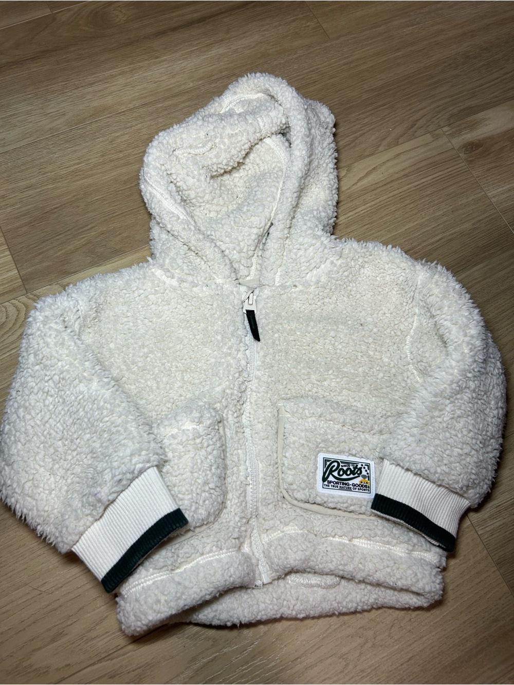 Roots Cream Sherpa Hooded Jacket with Dark Green Trim